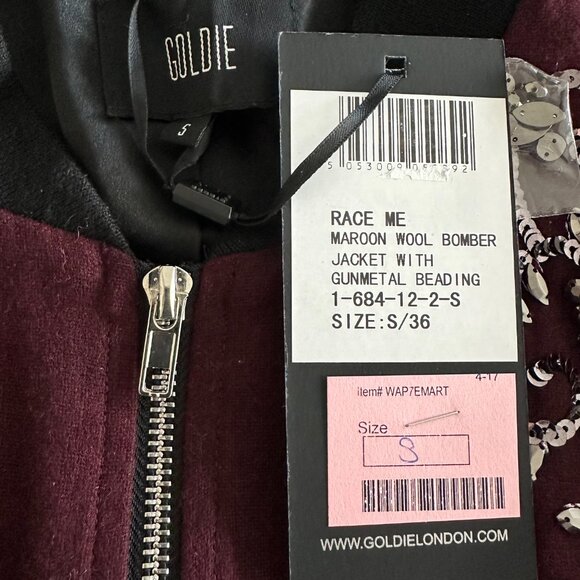 Maroon Wool Blend Sequin Trimmed Bomber Jacket - Picture 5 of 8